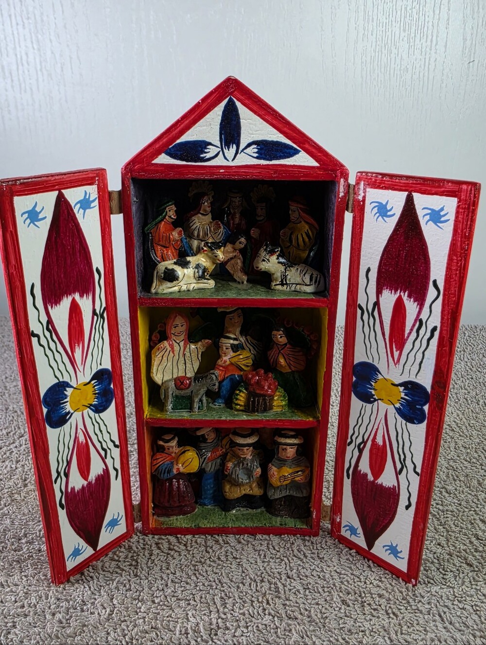 Hand-Painted Peruvian Retablo Nativity Display - Red & White
